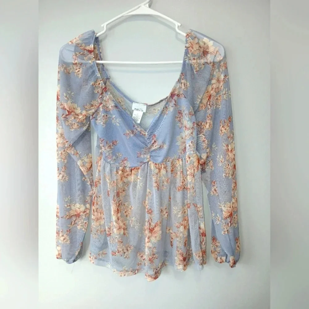 Rue 21 blue sheer fairycore pheasant sleeve top size S (juniors) Y2K cottagecore